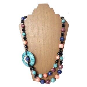 Chunky Beaded Colorful Sideswept Pendant Necklace Statement Piece Costume Boho